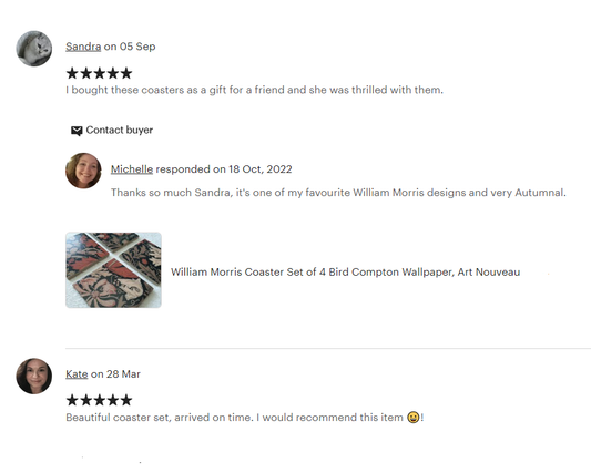 Five star Etsy review of handmade ceramic William Morris Coasters by The Furniture Bureau.
