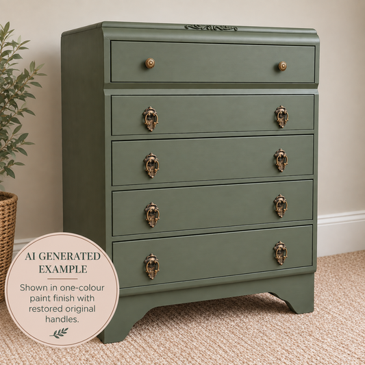 AI generated example of Vintage Beeanese mid-century five-drawer tallboy chest in one colour with restored original handles