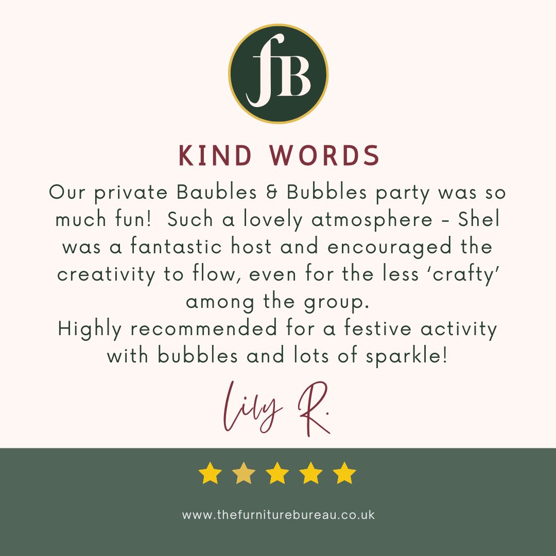 five star review of Baubles and Bubbles private party at The Furniture Bureau, such fun, fantastic host, creativity flowing, highly recommend.