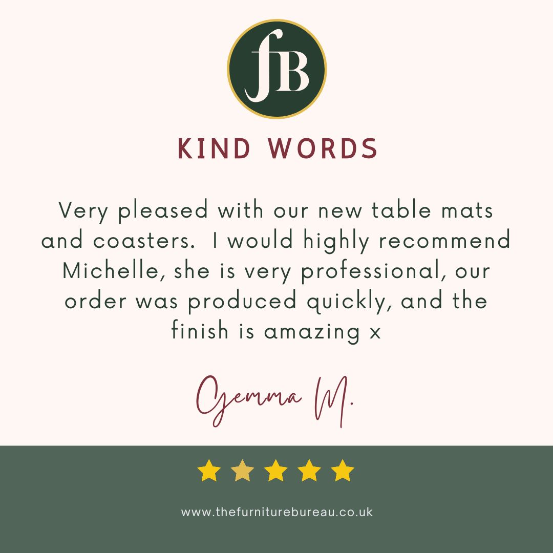 Five star review of andmade-to-order ceramic tableware created from wallpaper to coordinate with a customer's home décor.