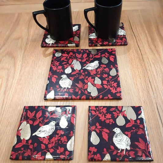 One-of-a-kind handmade Partridge in a Pear Tree coaster and bottle stand set for a Christmas gift.