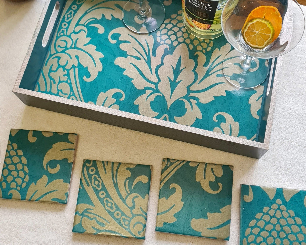 Totally unique serving tray and coaster set in Baroque pattern, handmade by The Furniture Bureau