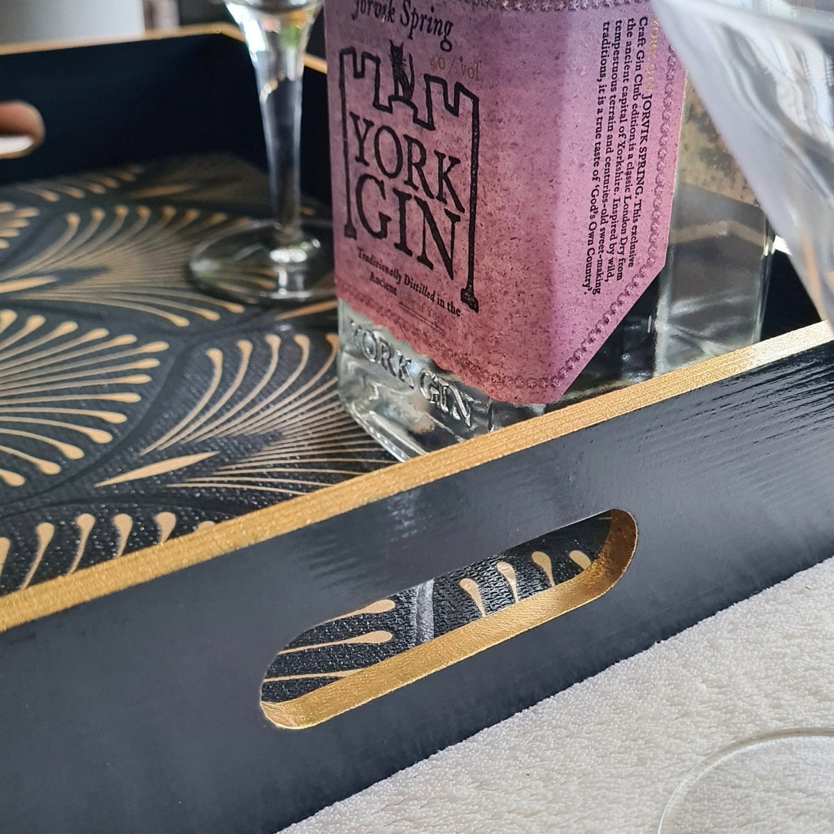 Deep blue handcrafted Art Deco wooden serving tray with integrated handles and bronze metallic edging.