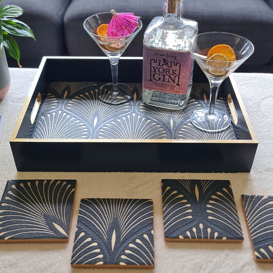Handcrafted deep blue wooden serving tray decorated with a geometric Art Deco fan design and bronze metallic edging, styled with matching coasters, available separately.
