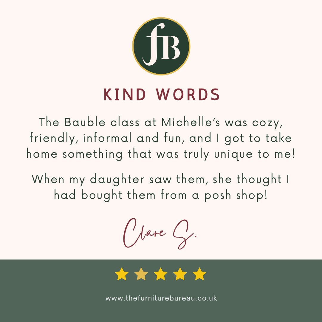 Kind words from a Baubles and Bubbles party goer about how much fun she had creating her bespoke baubles in Stotfold.