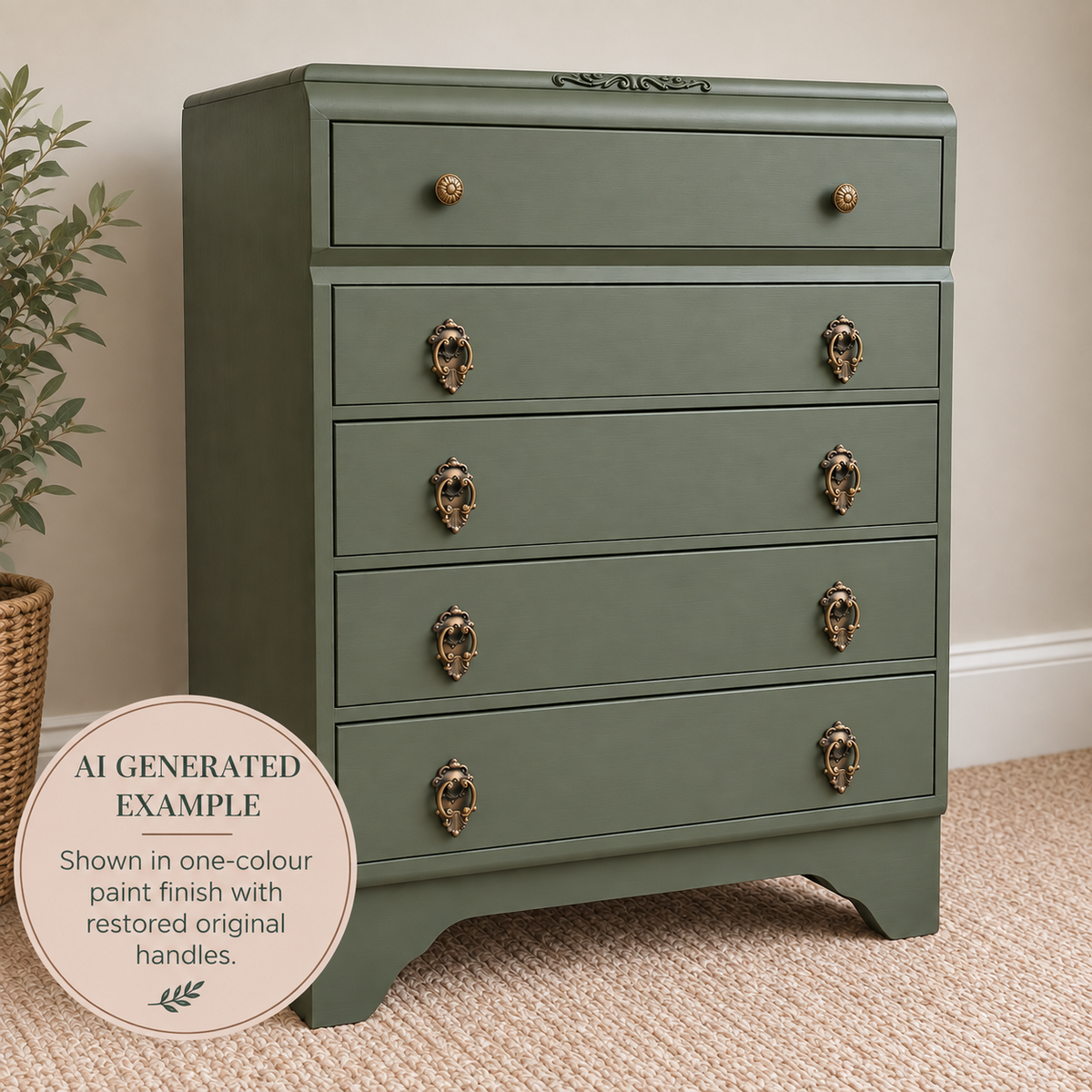 AI generated example of Vintage Beeanese mid-century five-drawer tallboy chest in one colour with restored original handles