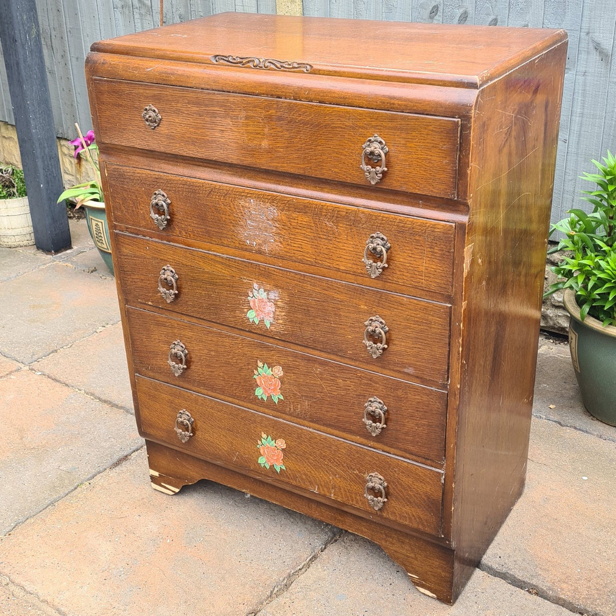 Vintage Beeanese mid-century five-drawer tallboy chest ready for a bespoke furniture transformation.