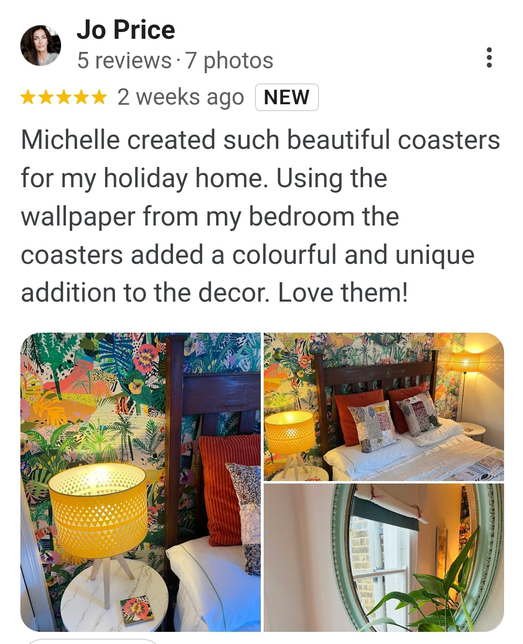 Review of custom made coasters using customers Kitty McCall Utopia wallpaper, created for her holiday home by The Furniture Bureau.
