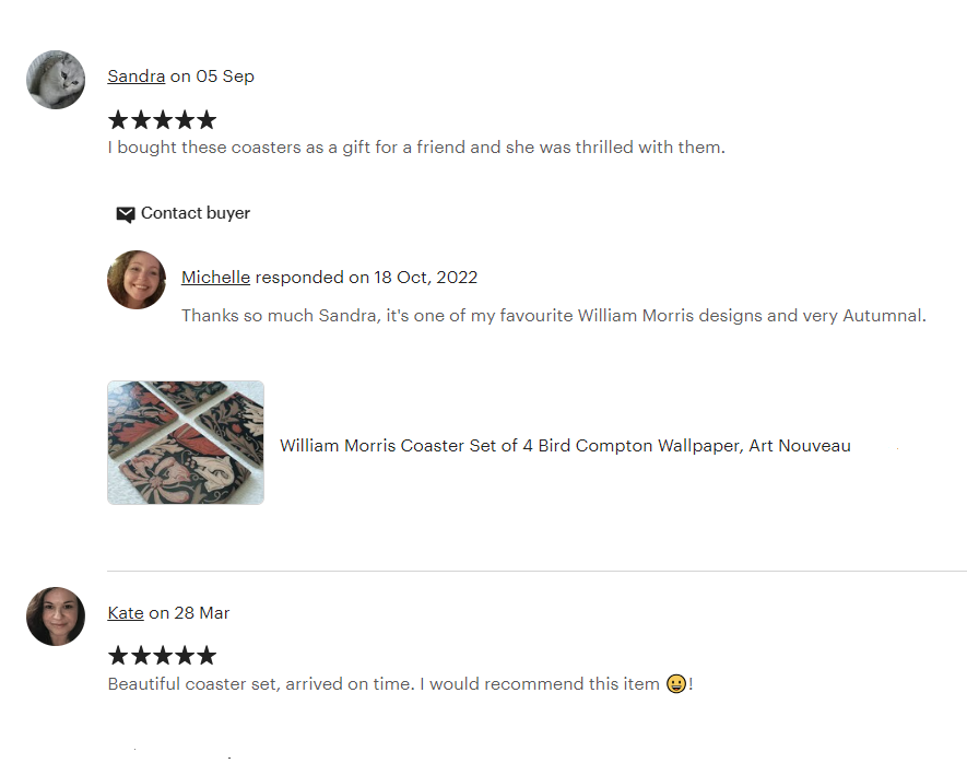 Five star Etsy review of handmade ceramic coasters by The Furniture Bureau.