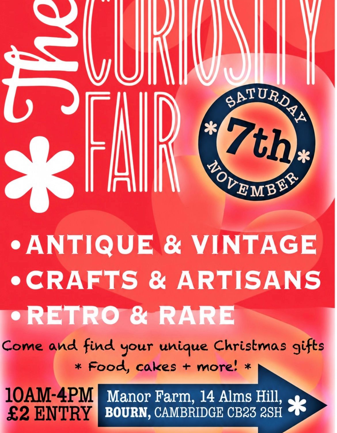 the curiosity fair, manor farm, bourn, cambs poster with red background, for fair on 7 November 2026