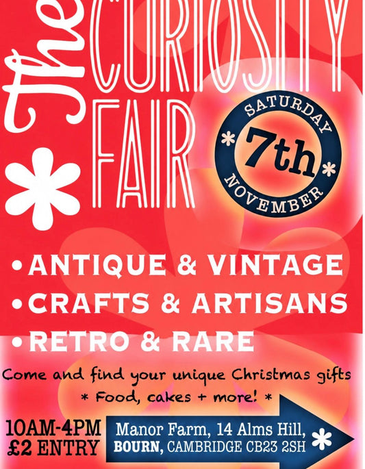 the curiosity fair, manor farm, bourn, cambs poster with red background, for fair on 7 November 2026