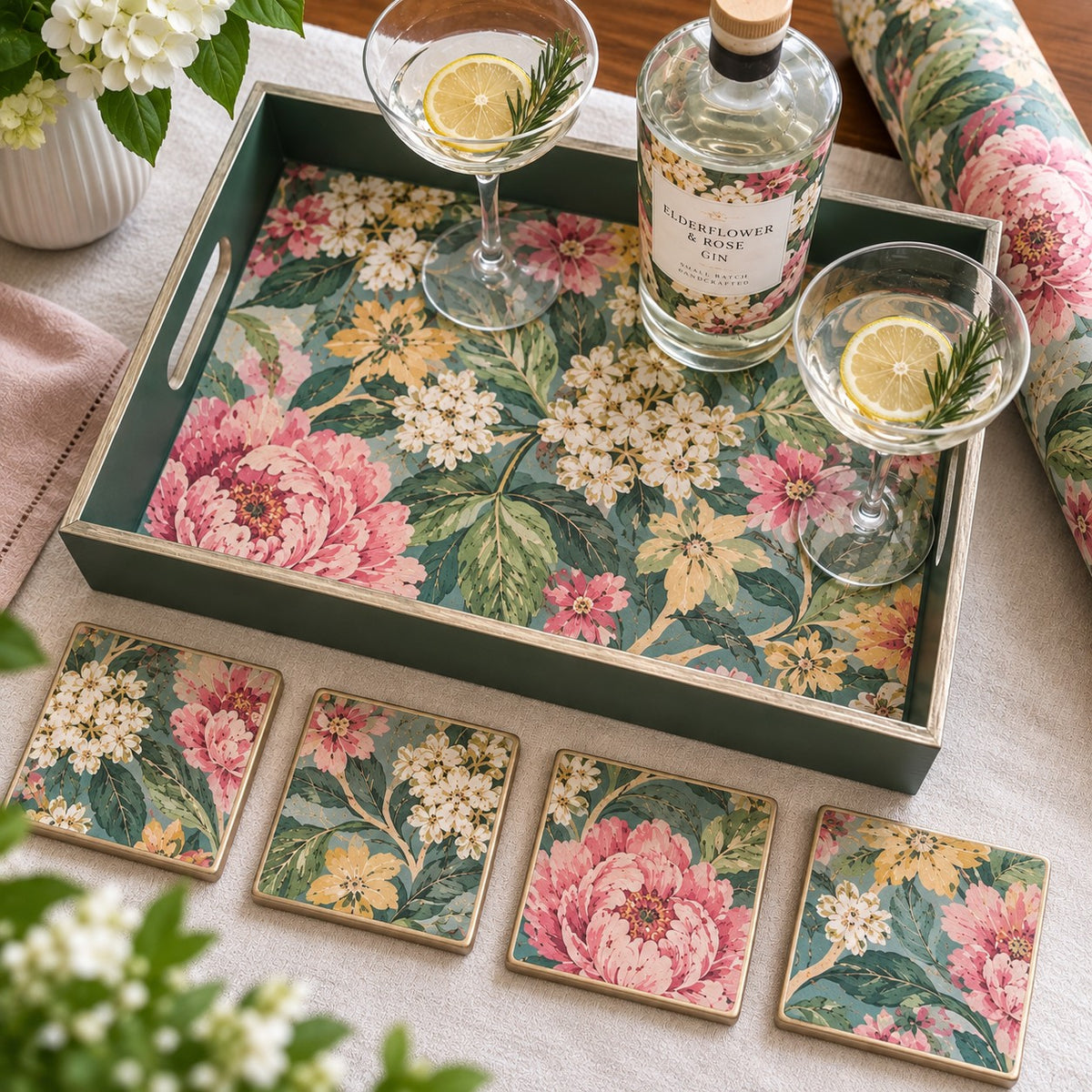 AI illustration of custom made floral serving tray and four matching coasters with coordinating wallpaper roll