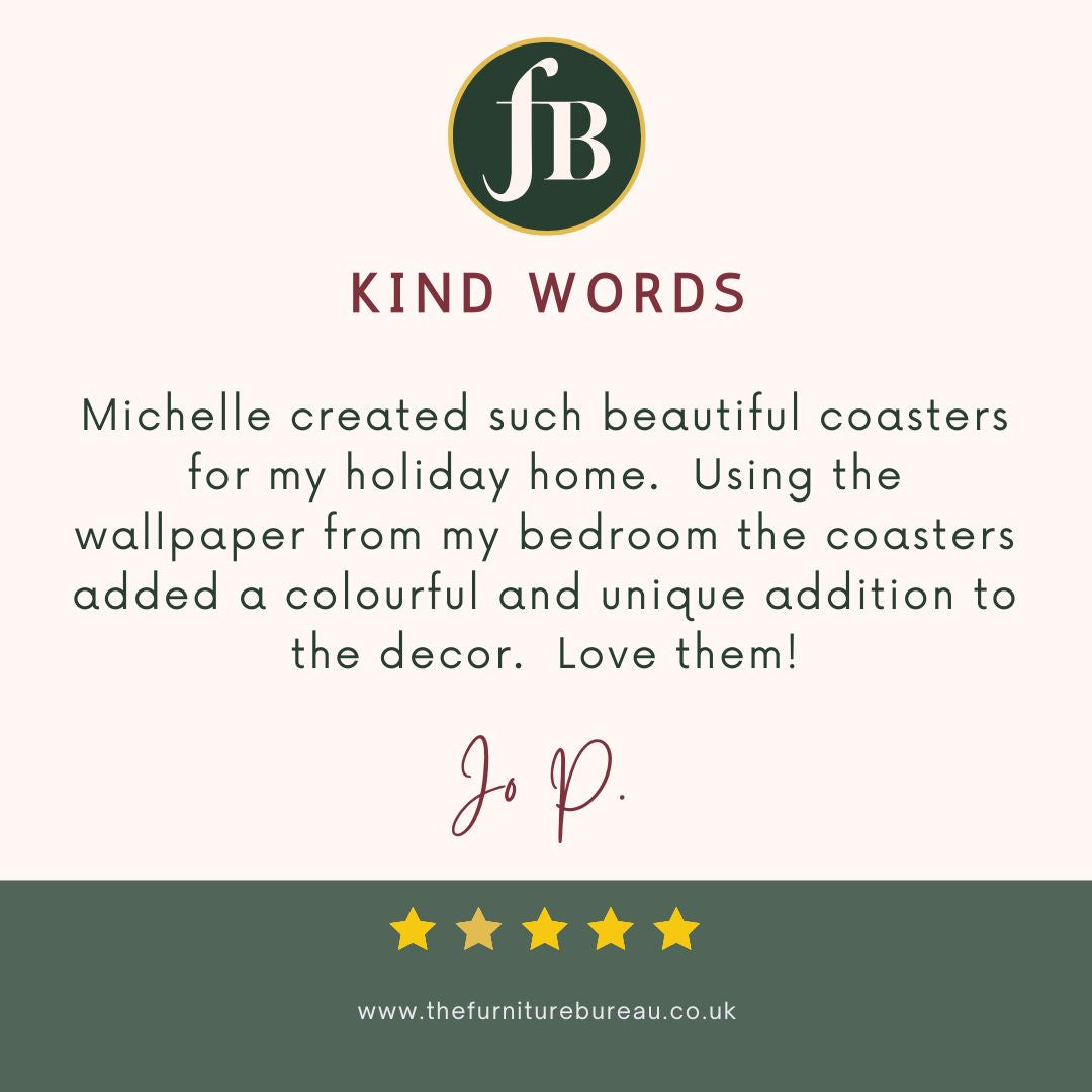 Review of custom made coasters using customer's Kitty McCall Utopia wallpaper, created for her holiday home by The Furniture Bureau.