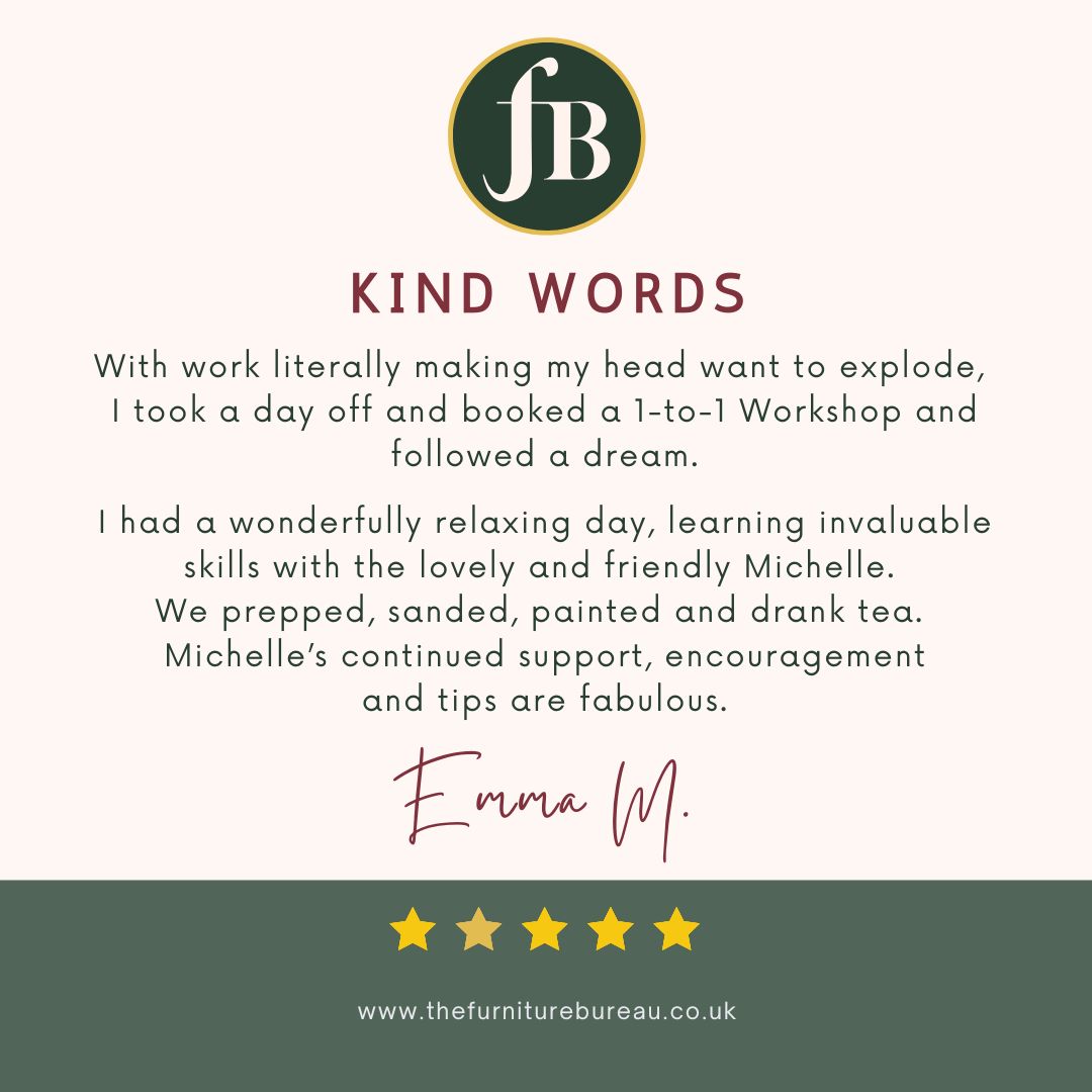 A digital review card for 'The Furniture Bureau' featuring a five-star rating and a customer testimonial from Emma M. 