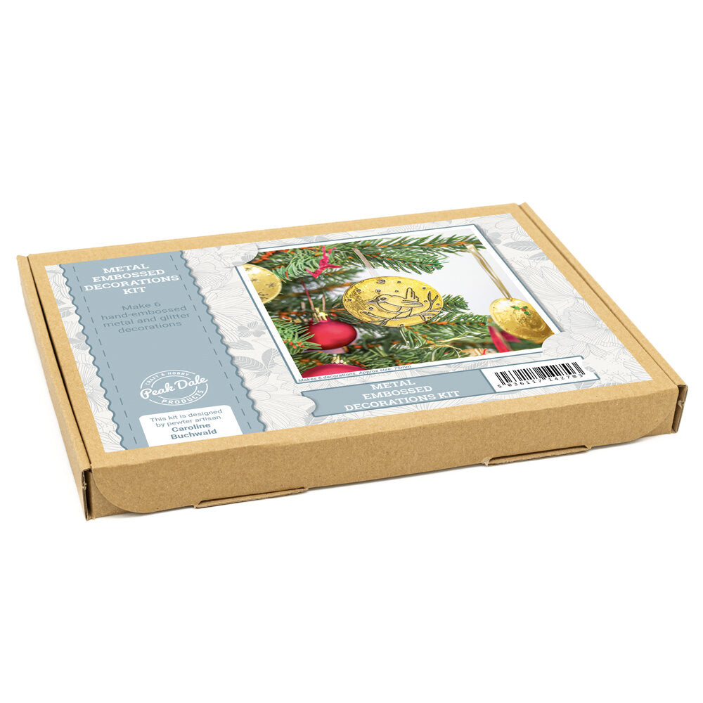 Boxed Gold Christmas Baubles metal embossing kit suitable for beginners.
