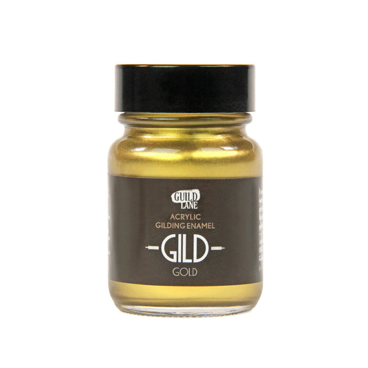 A closed jar of Guild Lane Super GILD Gold premium metallic gilding paint for interior and exterior projects.