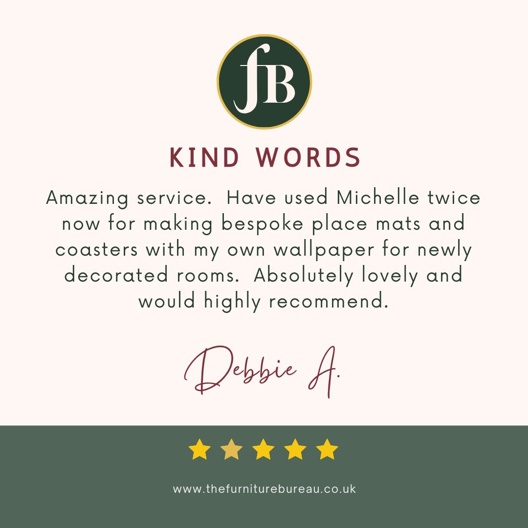 Kinds words from my client, five star review of bespoke place mats for her dining table.