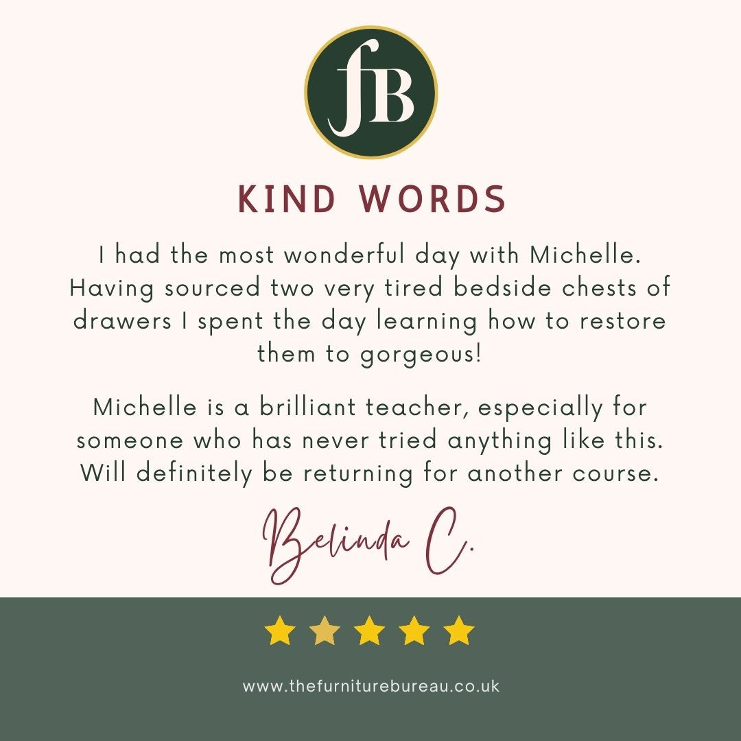 Five star review from a beginner who attended a 1-to-1 Workshop at The Furniture Bureau with Michelle.
