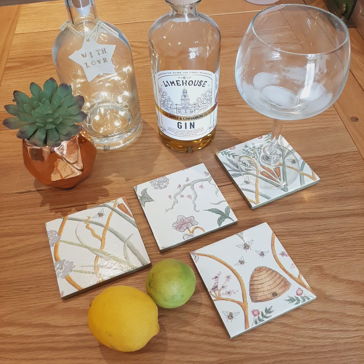 Set of four handmade The Chateau by Angel Strawbridge Potagerie ceramic coasters showing the French garden design and individual handcrafted finish.

