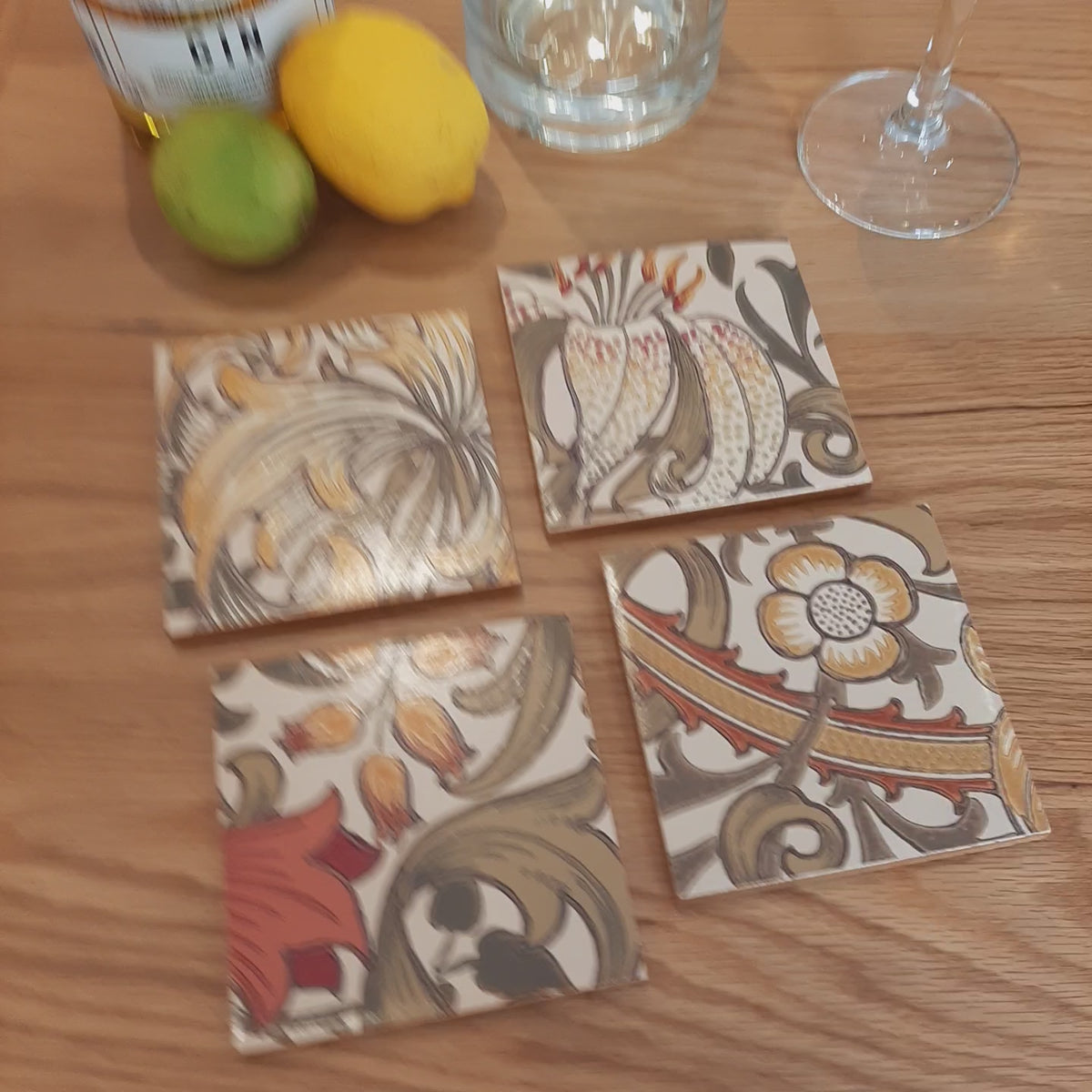 Video of William Morris Golden Lily botanical design in Biscuit on a handmade ceramic coaster set of 4.