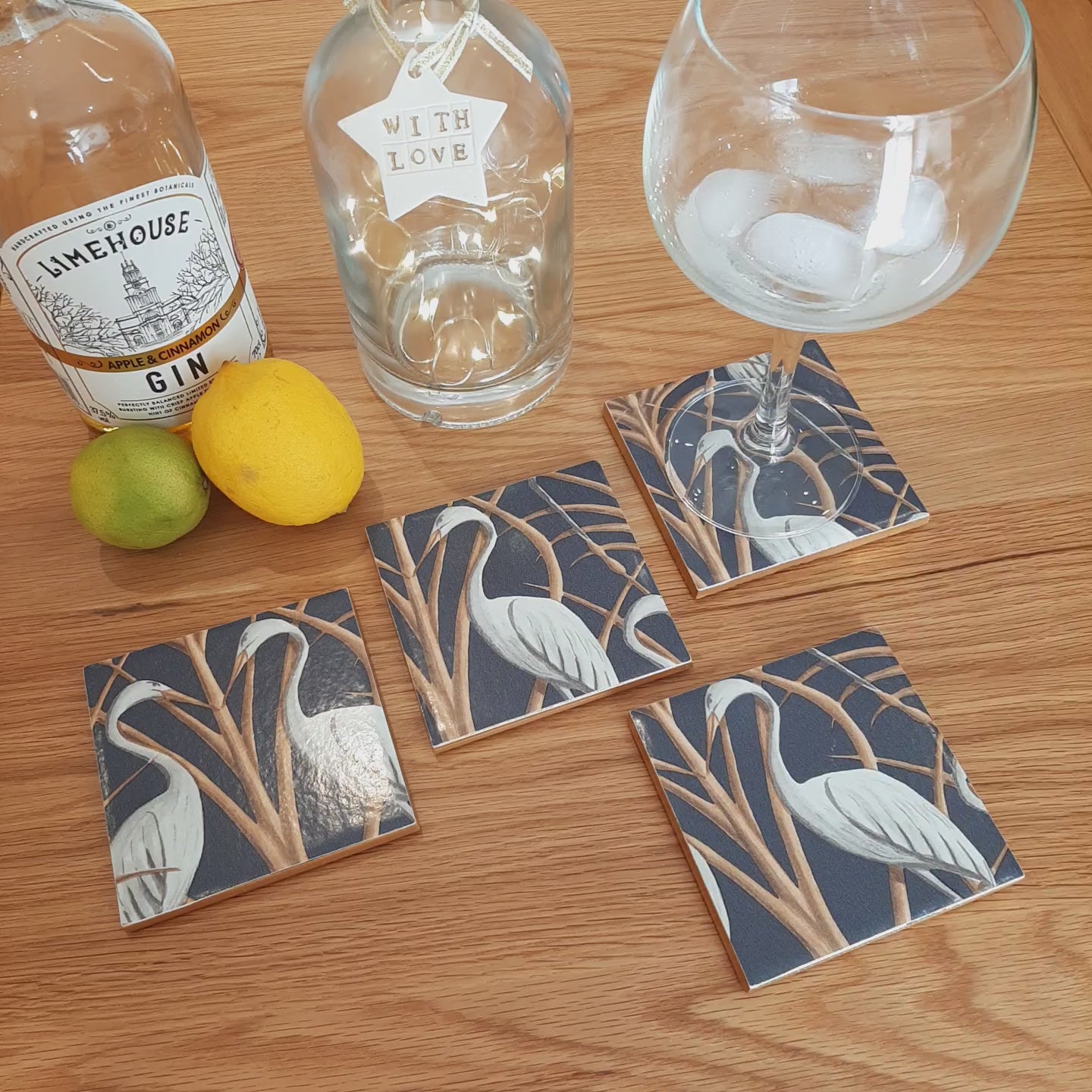 Video of a set of four handmade The Chateau Nouveau Heron ceramic coasters showing Angel Strawbridge’s Art Deco-inspired design and individual handcrafted finish with metallic bronze edges.

