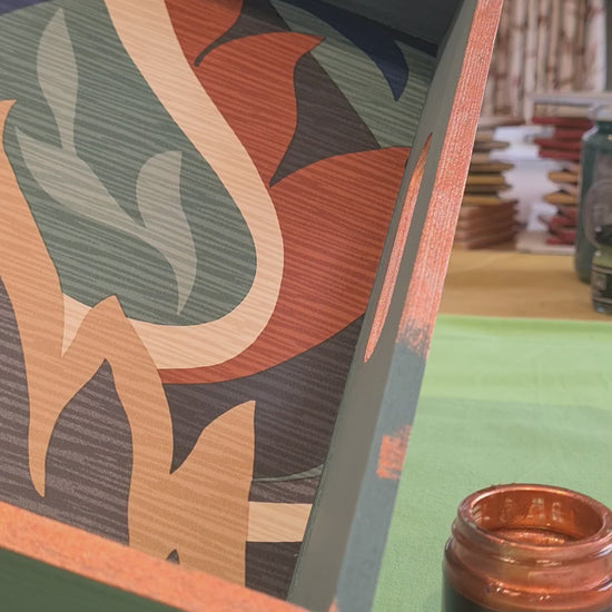 video showing ease of applying copper gild enamel with an artist's brush to a painted wooden serving tray.