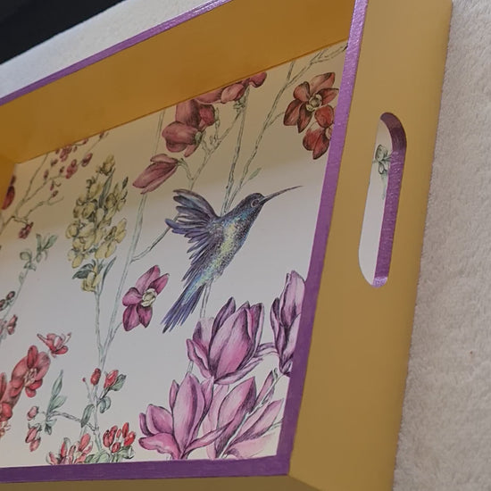 Custom made deep yellow serving tray with customer's own hummingbird wallpaper and metallic edging.