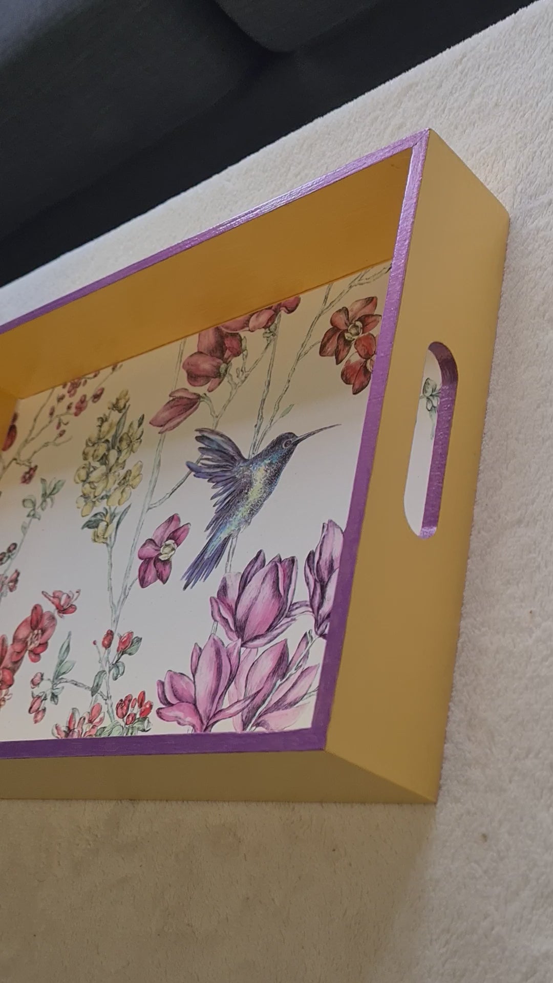 Custom made deep yellow serving tray with customer's own hummingbird wallpaper and metallic edging.