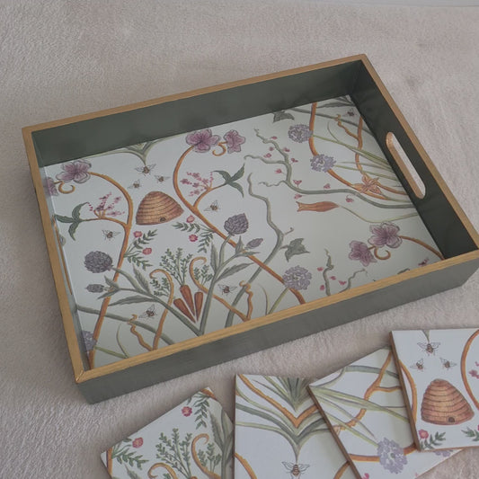 Video of handcrafted olive green wooden serving tray decorated with The Chateau by Angel Strawbridge Potagerie design and metallic gold edging.