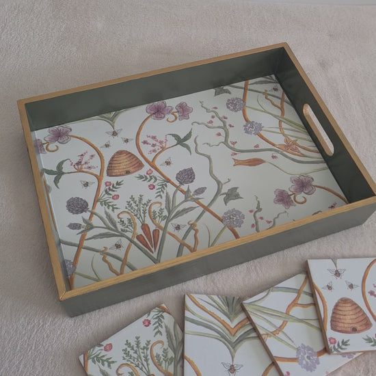 Video of The Chateau Potagerie serving tray with rich olive green painted sides and metallic gold edging.
