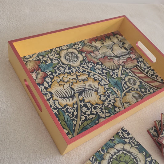 video of William Morris Wandle Serving Tray in mustard yellow with metallic hand painted edging.