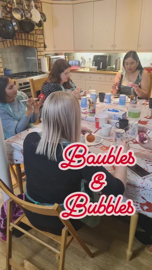 Video of a private Baubles and Bubbles paint party showing fun and festive creativity.