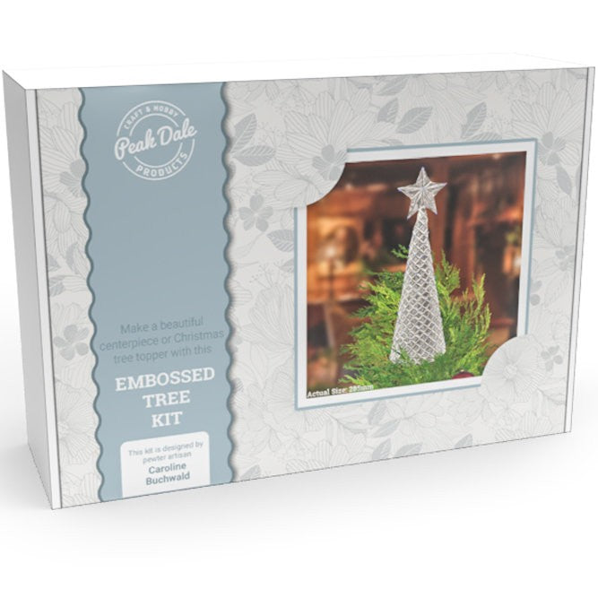 Boxed Silver Christmas Tree metal embossing craft kit suitable for beginners.