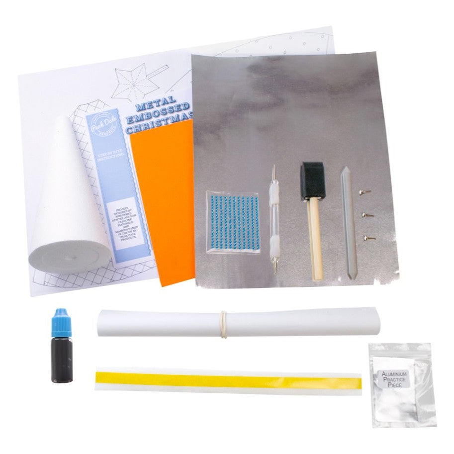 Silver Christmas Tree metal embossing kit with aluminium sheet, tools, templates and craft materials.