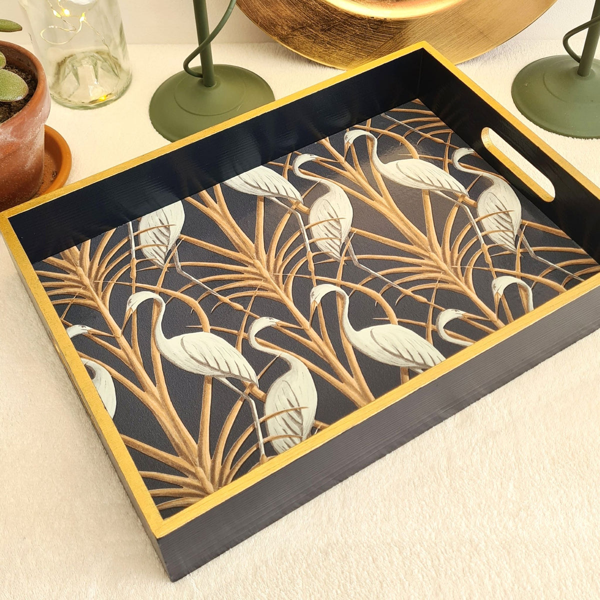 Handcrafted navy Nouveau Heron wooden serving tray by The Chateau Angel Strawbridge with metallic bronze edging.