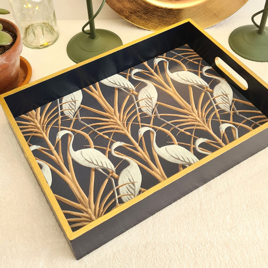Handcrafted navy Nouveau Heron wooden serving tray by The Chateau Angel Strawbridge with metallic bronze edging.