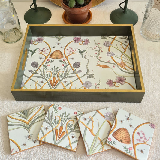 Handmade Chateau Potagerie ceramic coasters with matching wooden serving tray in Angel Strawbridge's French garden design. Tray available separately.