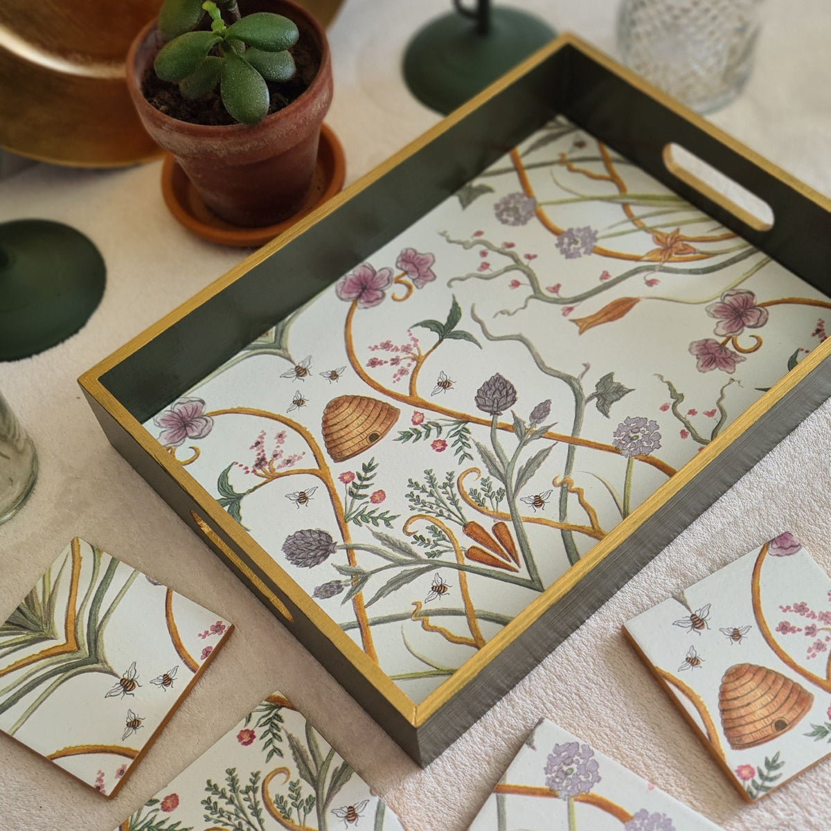 Handcrafted olive green The Chateau Potagerie serving tray with four matching Potagerie ceramic coasters.