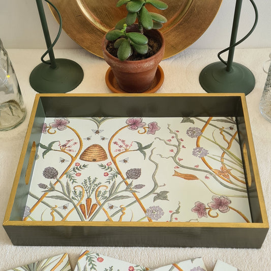 Handcrafted olive green wooden serving tray decorated with The Chateau by Angel Strawbridge Potagerie design and metallic gold edging.