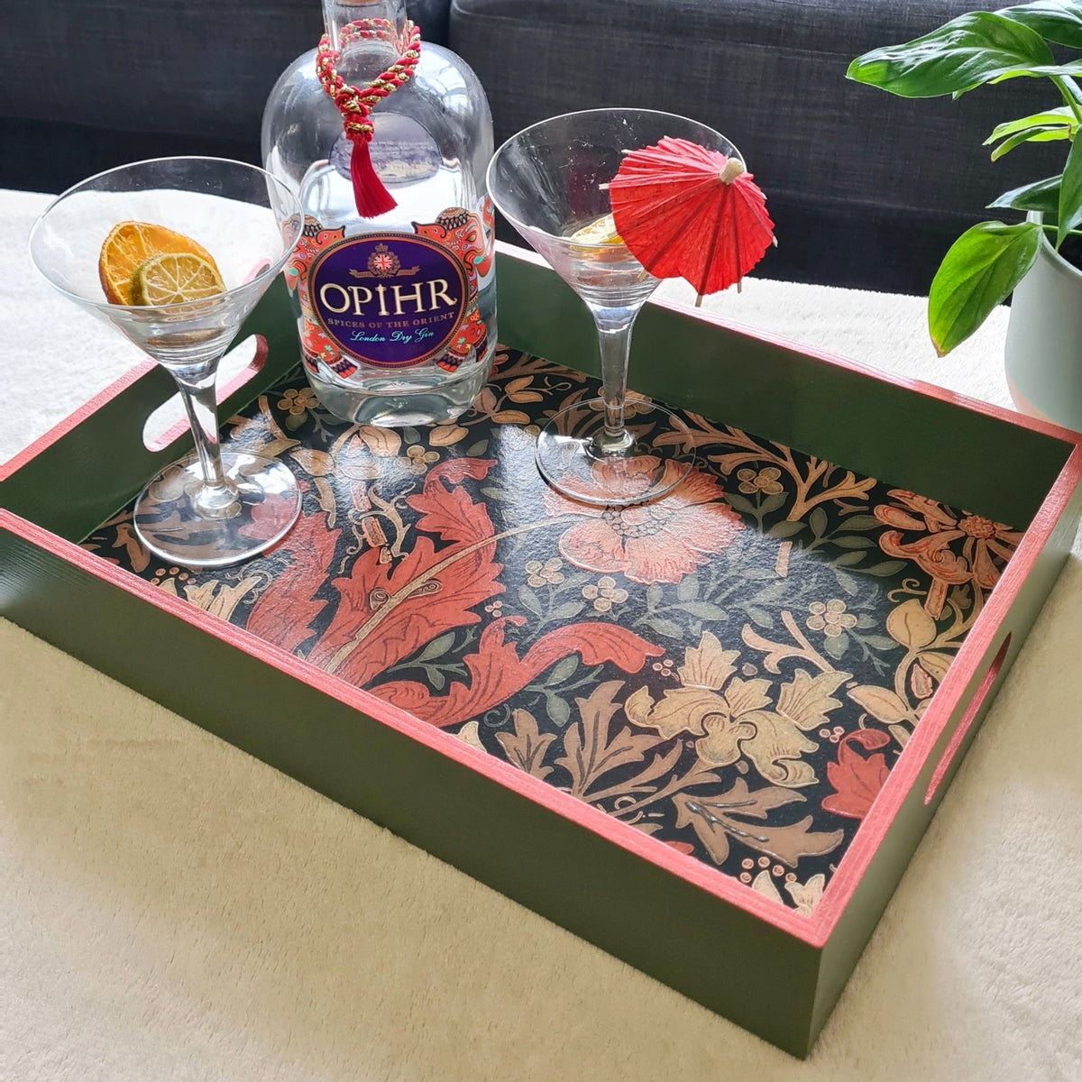Handcrafted William Morris Compton wooden serving tray in autumnal colours with deep sage green paint and rusty red metallic edging.