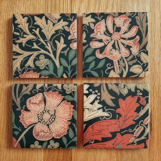 Set of four handmade William Morris Compton ceramic coasters featuring the Arts and Crafts botanical design.