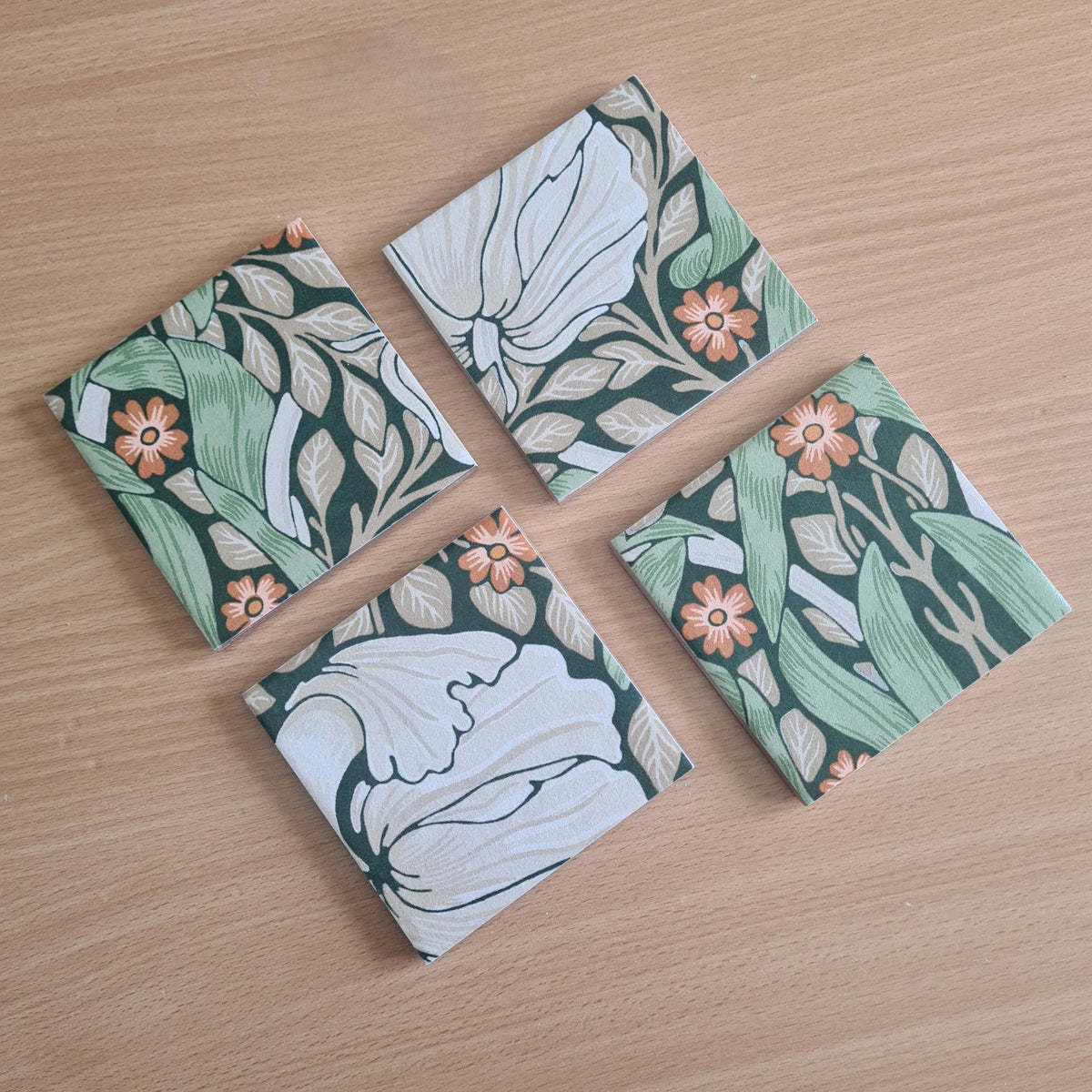 Detail of of William Morris Pimpernel design on a handcrafted ceramic coasters.