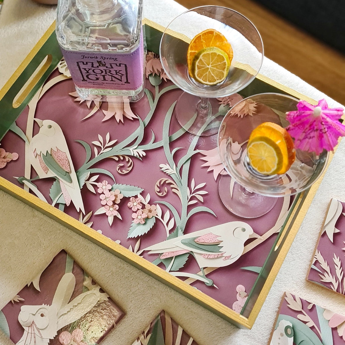 Handmade Woodland ceramic coasters with a coordinating wooden serving tray featuring the same 3D animal design.