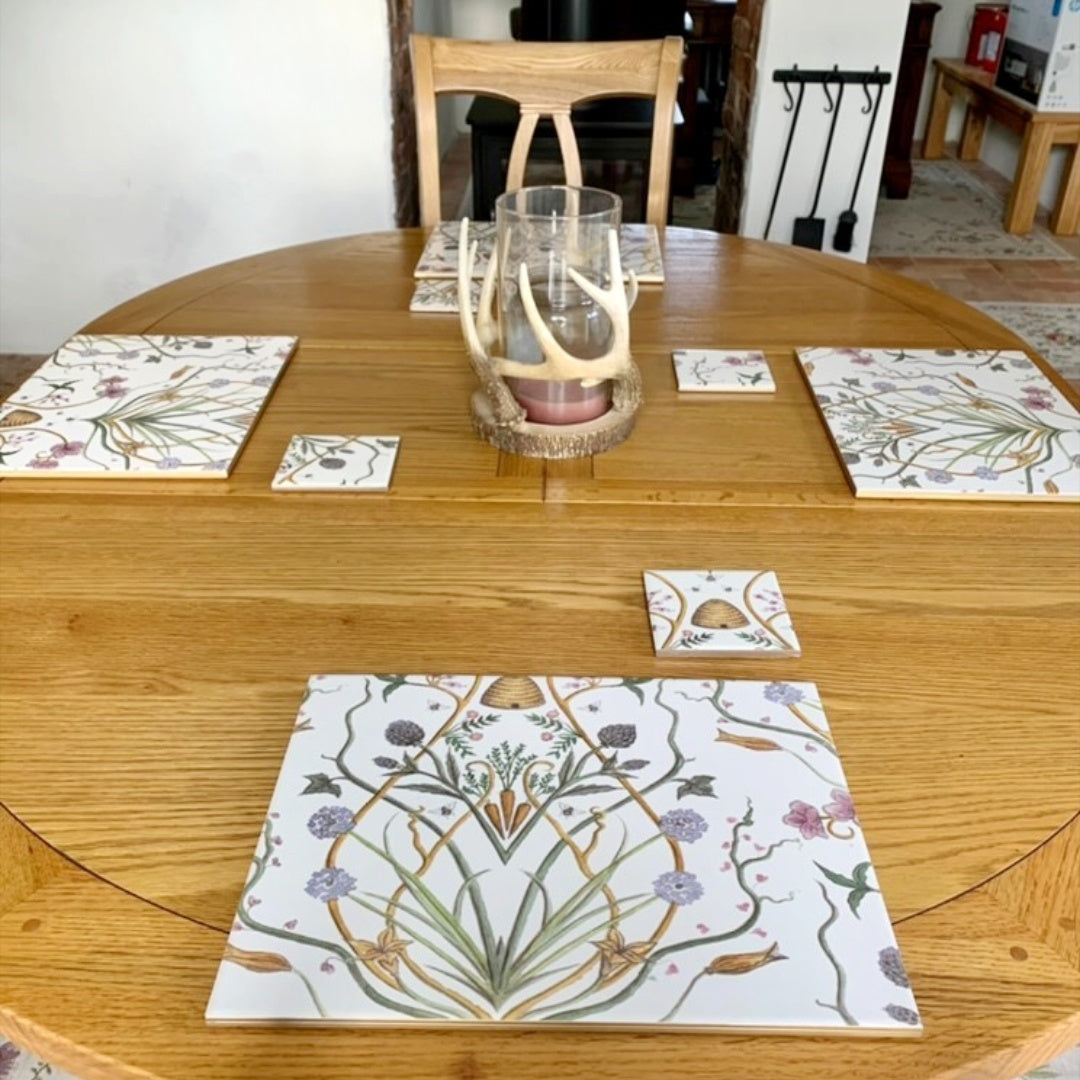 Handmade-to-order ceramic tableware created from wallpaper to coordinate with a customer's home décor.